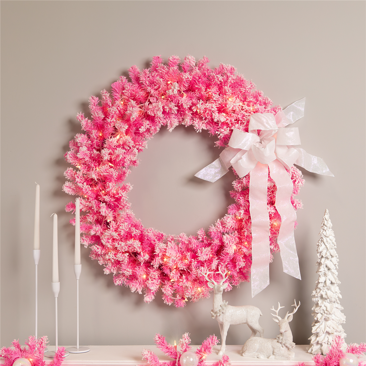 35778353 36 in. Pink Pre-Lit Artificial Flocked Pine Christmas Wreath - Clear Lights