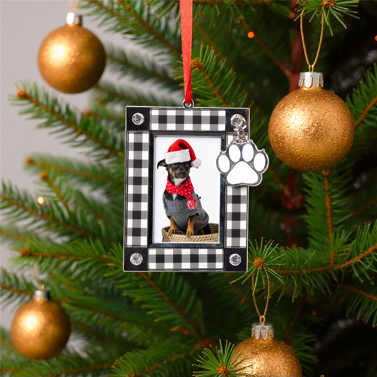 35848984 3.5 in. Paw Print Buffalo Plaid Pet Photo Frame Christmas Ornaments, Black
