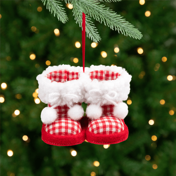Northlight Checkered Baby Boots with Pom Poms Christmas Ornament
