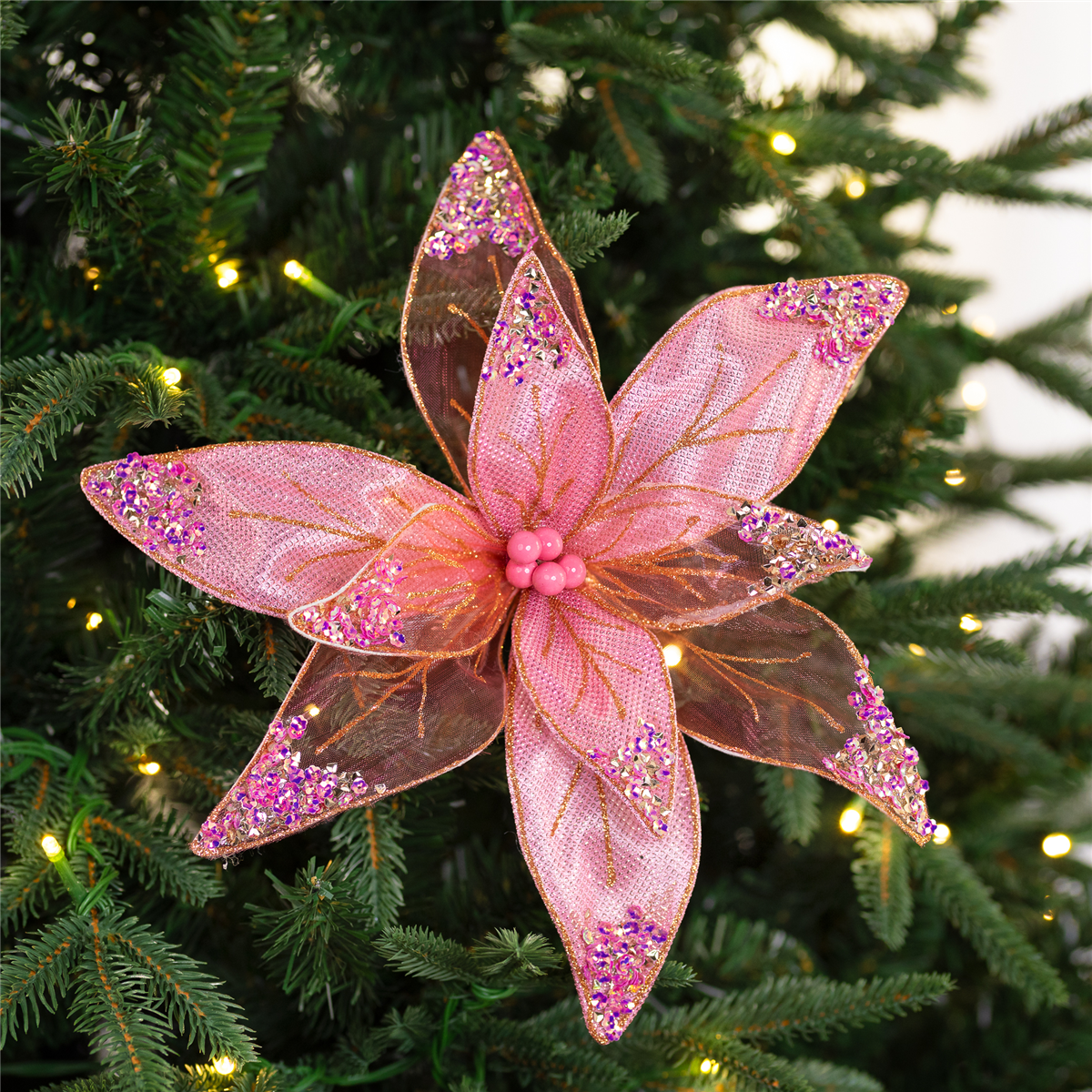 35849178 11.5 in. Glitter & Sequin Poinsettia Clip-on Christmas Ornaments, Pink & Gold
