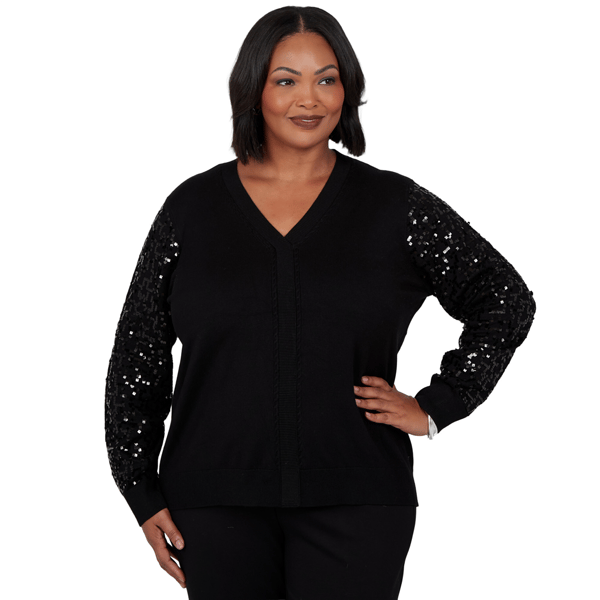 Plus Size Emaline Lavender Revelry Sequin Sleeve V-Neck Sweater