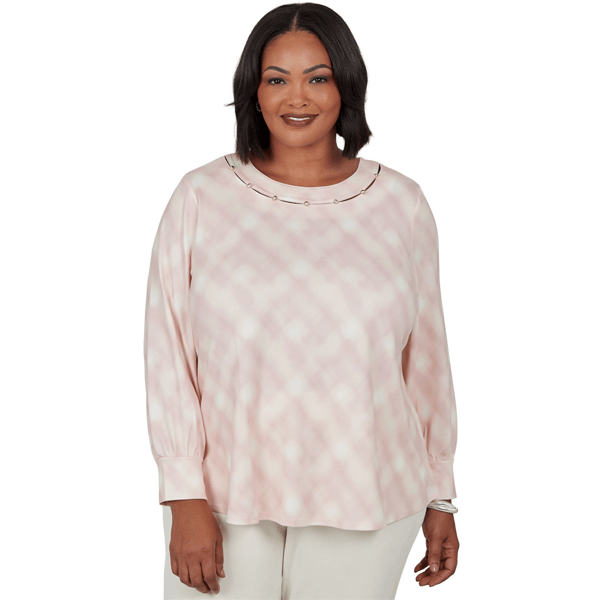 Plus Size Emaline Soiree Embellished Neck Abstract Plaid Sweater
