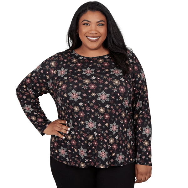 Plus Size Emaline Holiday Festivities Long Sleeve Snowflake Tee
