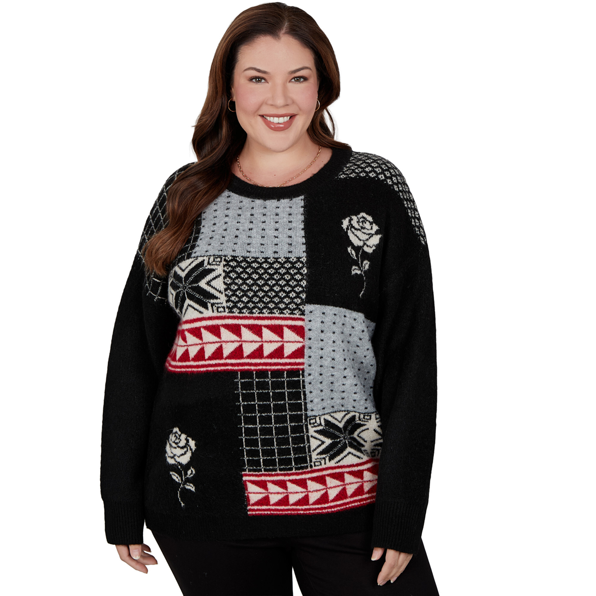 Plus Size Hearts of Palm Wrapped in Rubies Geometric Rose Sweater