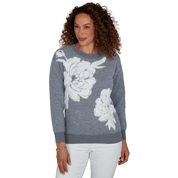 Womens Hearts of Palm Silver Linings Long Sleeve Floral Sweater