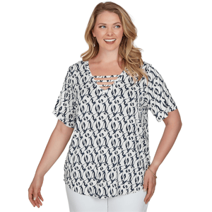 Plus Size Emaline Key Items Short Sleeve Abstract V Neck Blouse