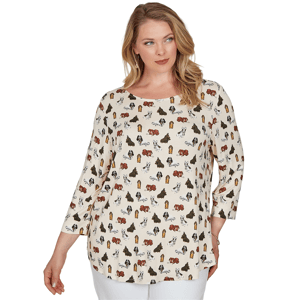 Plus Size Emaline Key Items 3/4 Sleeve Boat Neck All Over Dog Tee