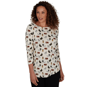 Petite Emaline Key Items 3/4 Sleeve Boat Neck All Over Dog Tee