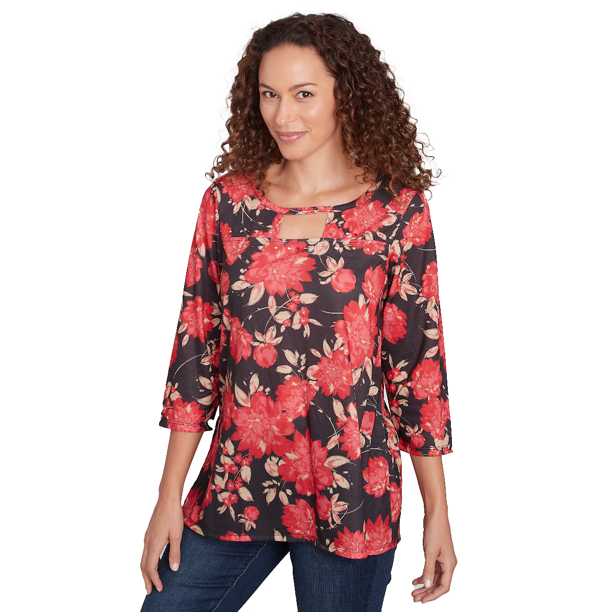 Womens Hearts Of Palm Red-y To Shine Floral Tunic Blouse