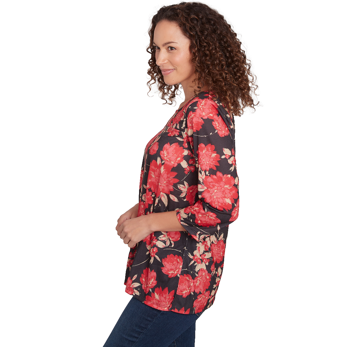 Womens Hearts Of Palm Red-y To Shine Floral Tunic Blouse