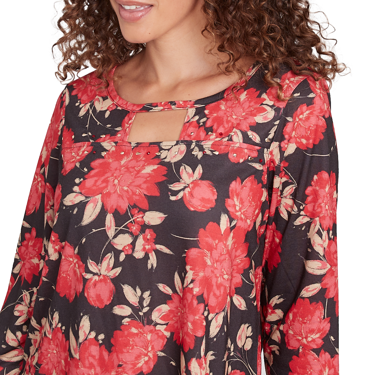 Womens Hearts Of Palm Red-y To Shine Floral Tunic Blouse