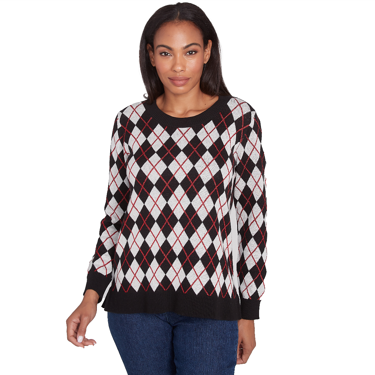 Petite Hearts Of Palm Red-y To Shine Argyle Lurex Sweater