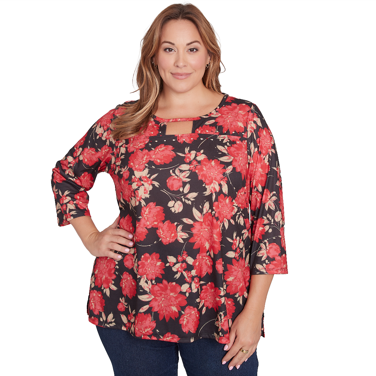 Plus Size Hearts Of Palm Red-y To Shine Floral Tunic Blouse