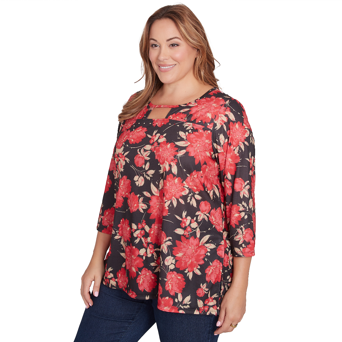 Plus Size Hearts Of Palm Red-y To Shine Floral Tunic Blouse