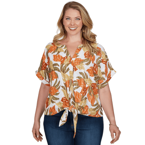 Plus Size Hearts of Palm Tropical Twist Eyelet Tie Hem Blouse