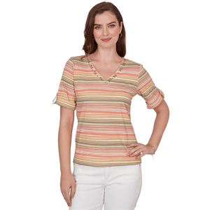 Petite Hearts of Palm Tropical Twist Tab Sleeve Stripe Blouse