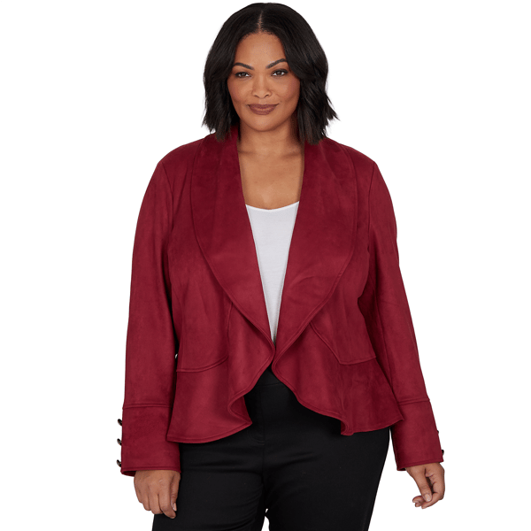 Plus Size Emaline Country Code Faux Suede Open Front Jacket