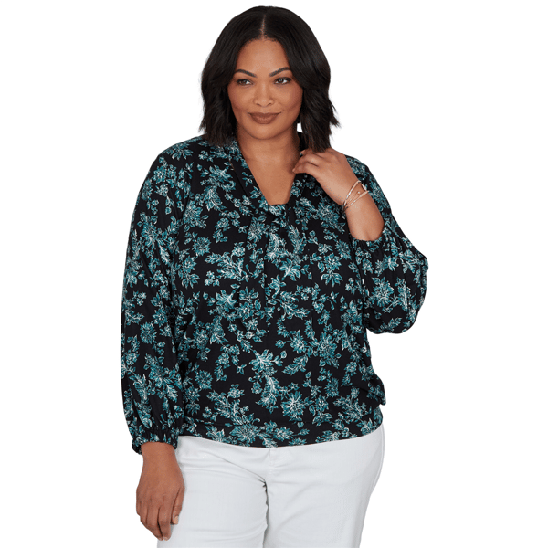 Plus Size Emaline Feminine Mystique Tie Neck Floral Blouse