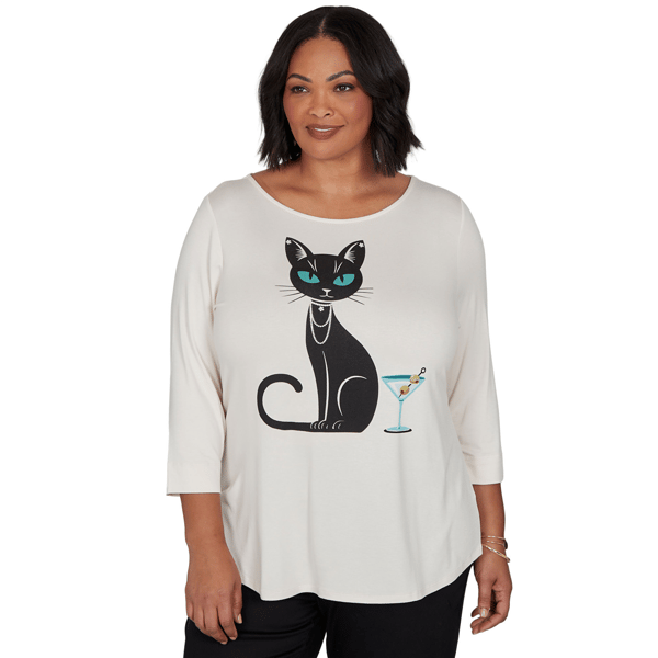 Plus Size Emaline Key Items 3/4 Sleeve Martini Cat Graphic Tee