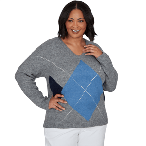 Plus Size Hearts of Palm Autumn Breeze V Neck Argyle Sweater