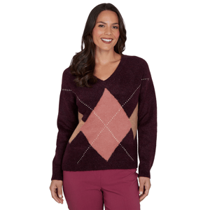 Plus Size Hearts of Palm Berry Fabulous V Neck Argyle Sweater