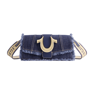 True Religion Frayed Denim Flap Shoulder Bag w/ Logo Strap