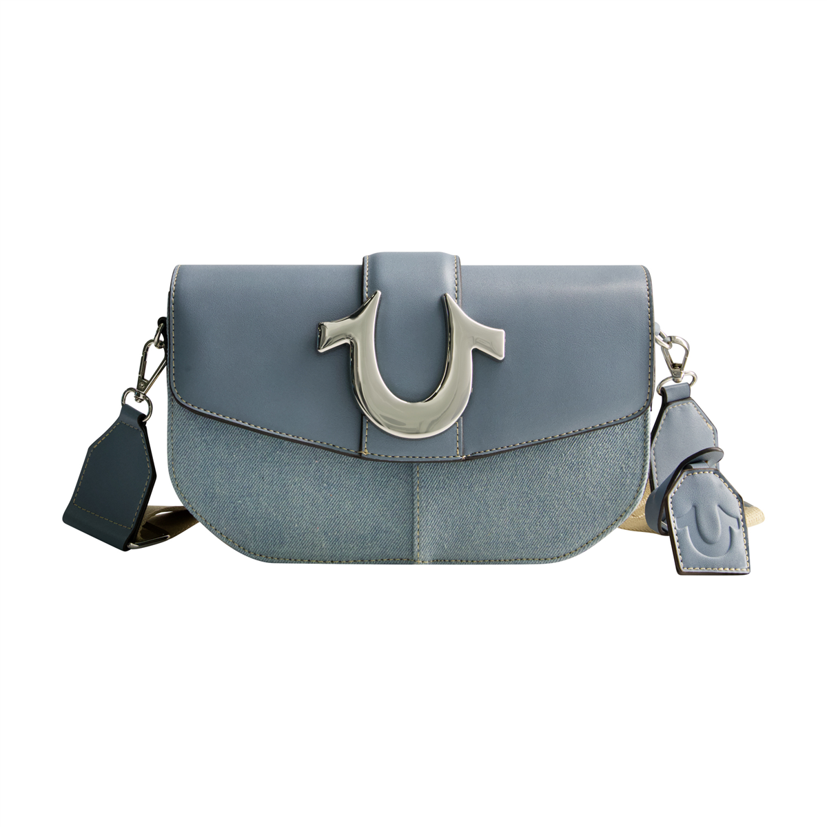 True Religion Licensed Denim Saddle Bag with Oversized Horseshoe Logo - Blue