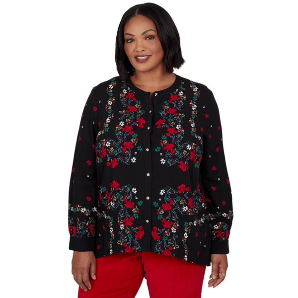 Plus Size Ruby Rd. Mysterious Romance Dramatic Floral Blouse