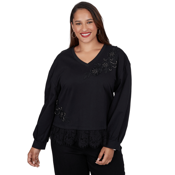 Plus Size Ruby Rd. Mysterious Romance Lace Trim V-Neck Blouse