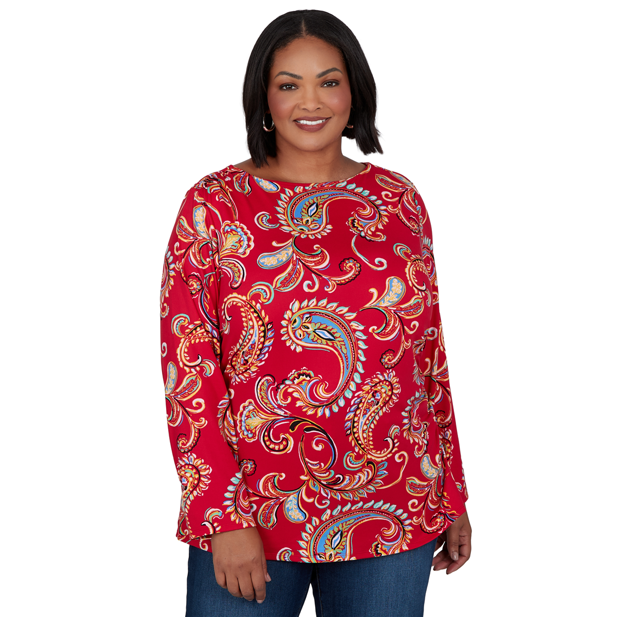 Ruby Rd. Plus Size Boat-Neck Paisley Long-Sleeve Top - Ruby Multi