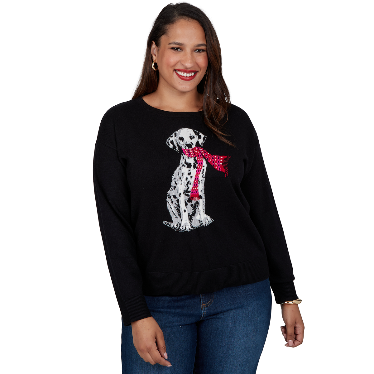 Ruby Rd. Plus Size Dalmatian Crewneck Long-Sleeve Sweater - Black