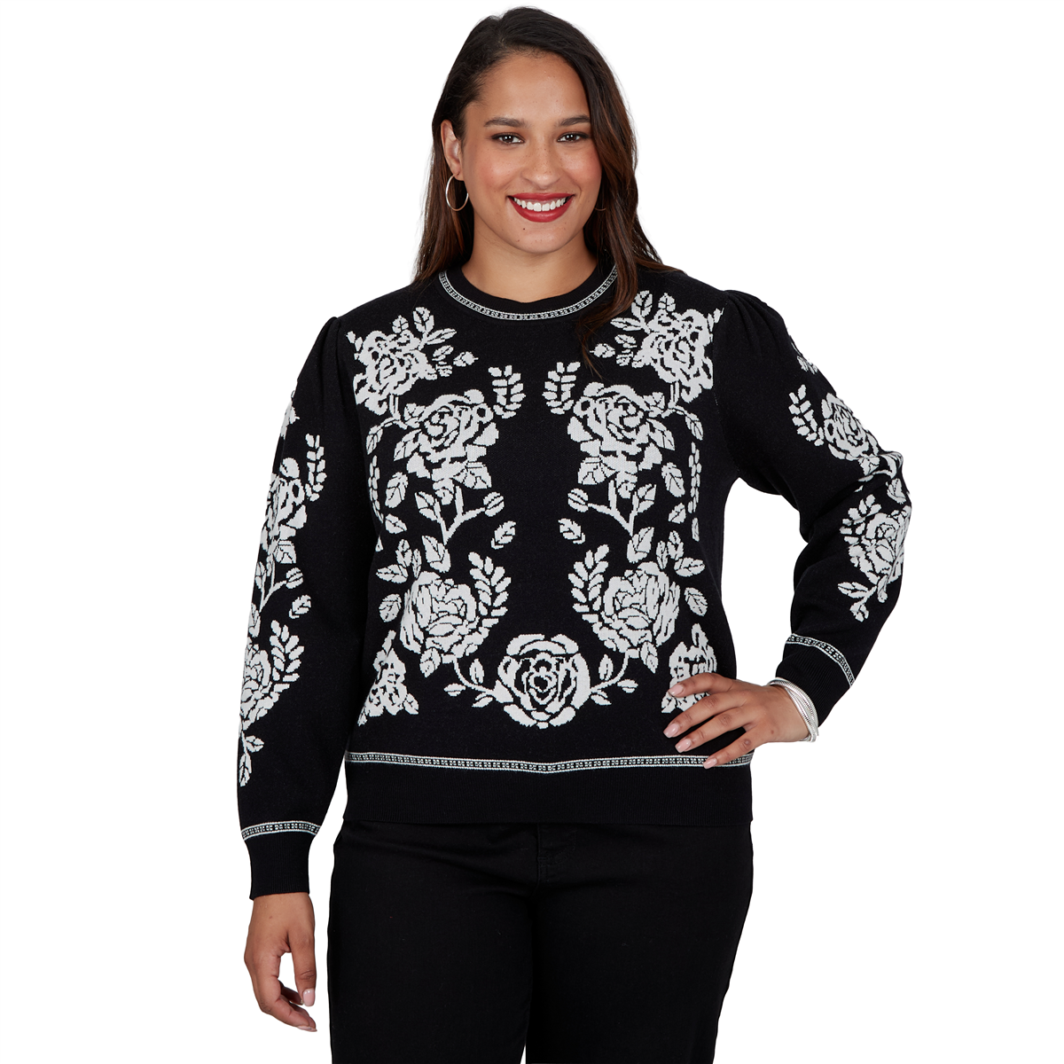 Ruby Rd. Plus Size Floral-Print Long-Sleeve Crewneck Pullover Sweater - Black/Ivory