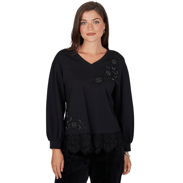 Petite Ruby Rd. Mysterious Romance Lace Trim V-Neck Blouse
