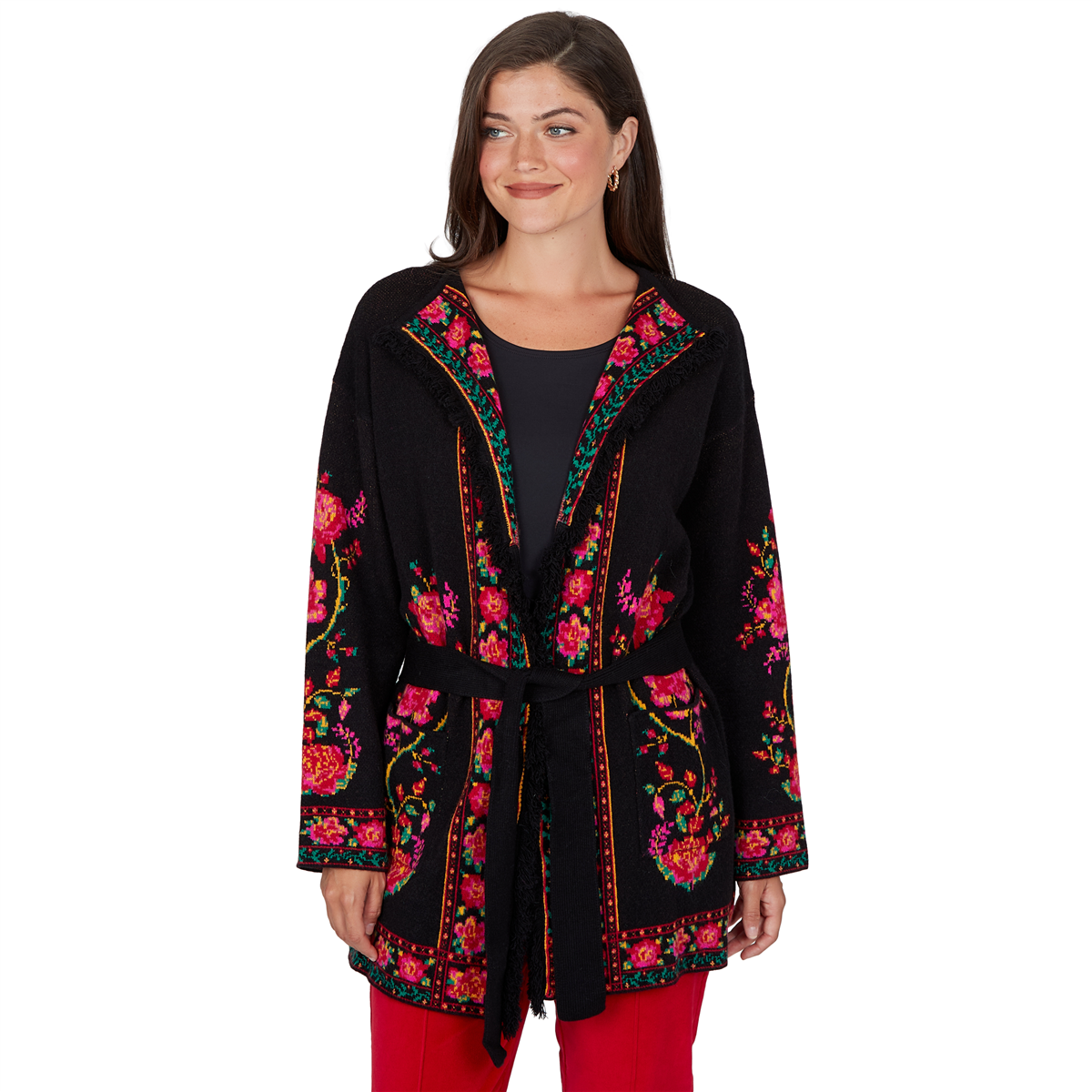 Ruby Rd. Petite Shawl Collar Floral-Print Long-Sleeve Cardigan - Black Multi