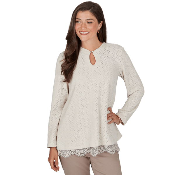 Womens Ruby Rd. Mythical Lace Hem Pointelle Stitch Sweater
