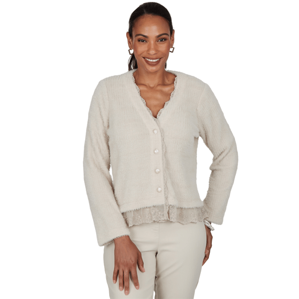 Womens Ruby Rd. Mythical Lace Trim Button Front Cardigan
