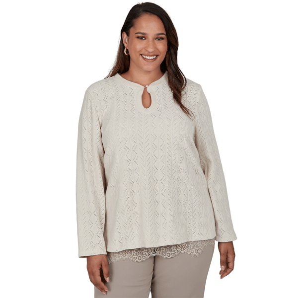 Plus Size Ruby Rd. Mythical Lace Hem Pointelle Stitch Sweater