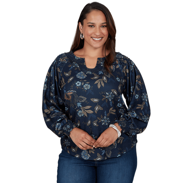 Plus Size Ruby Rd. Mythical Smocked Horseshoe Neck Floral Blouse