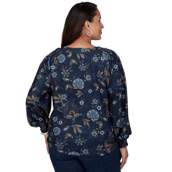Plus Size Ruby Rd. Mythical Smocked Horseshoe Neck Floral Blouse alternate view