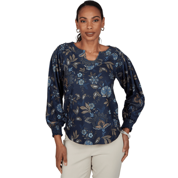 Petite Ruby Rd. Mythical Smocked Horseshoe Neck Floral Blouse