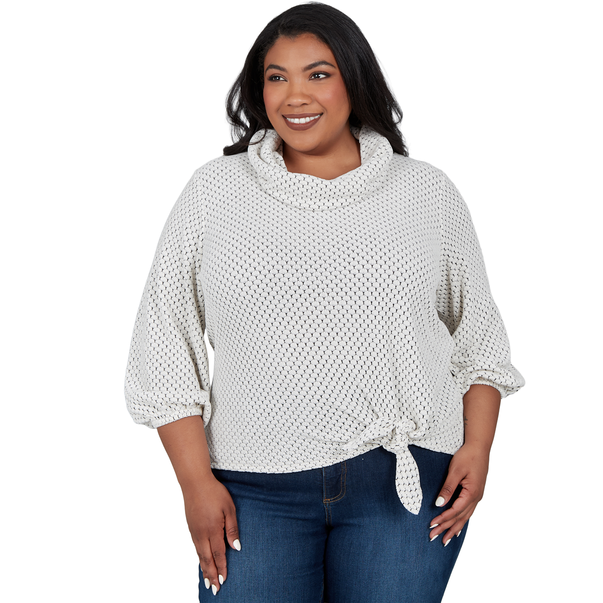 Ruby Rd. Women's New Neutrals Honeycomb-Knit Tie-Front 3/4-Sleeve Top - Ivory