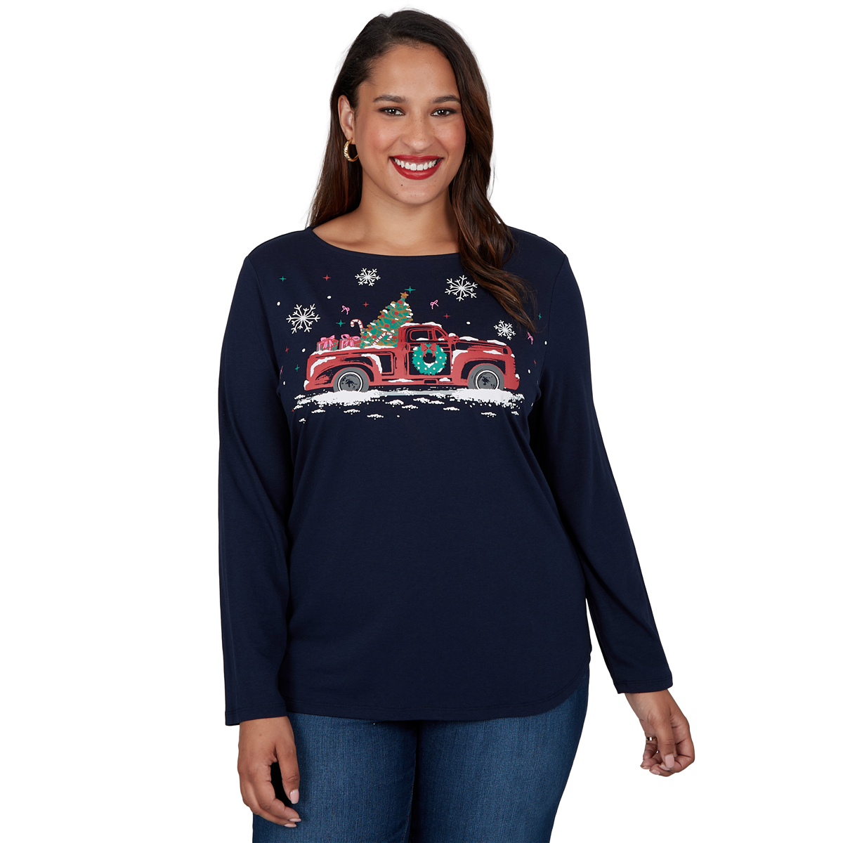 Ruby Rd. Plus Size Truck Boat-Neck Graphic Long-Sleeve T-Shirt - Navy Multi