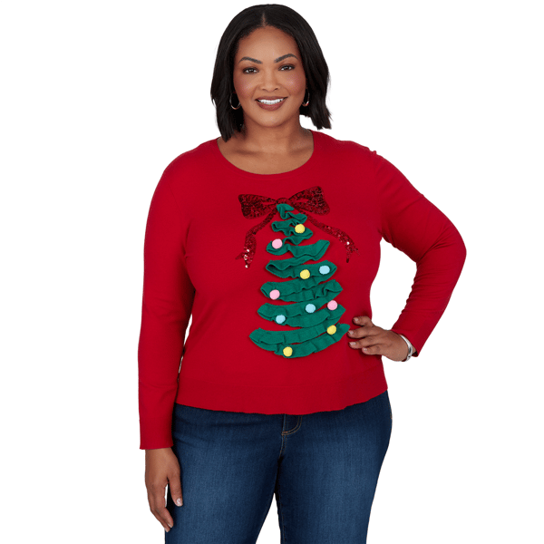 Plus Size Ruby Rd. Happy Holidays Textured Christmas Tree Sweater