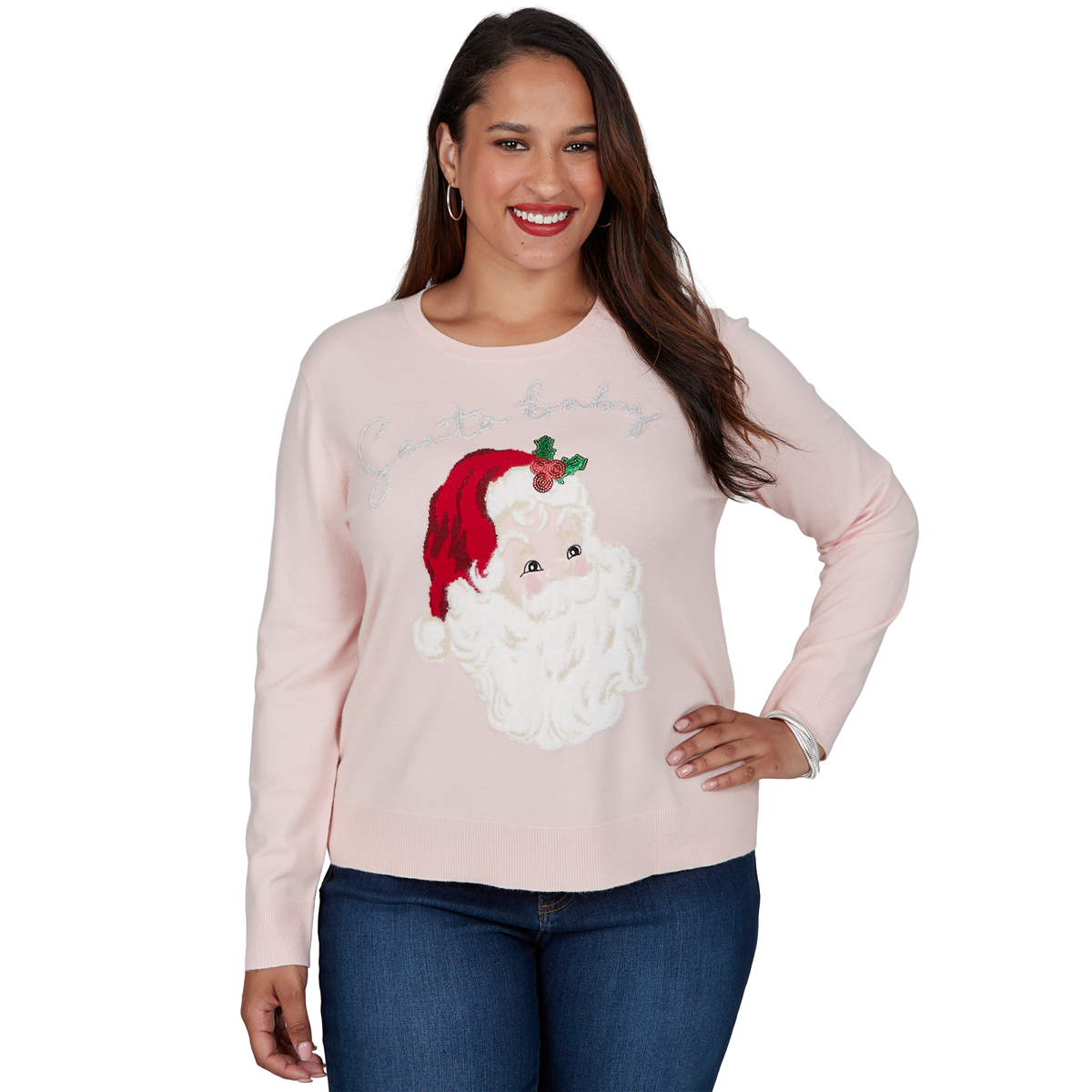 Ruby Rd. Plus Size Holiday Santa Graphic Crewneck Sweater - Dusty Pink