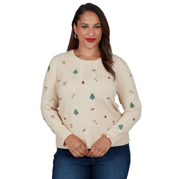 Plus Size Ruby Rd. Happy Holidays Embroidered Christmas Sweater