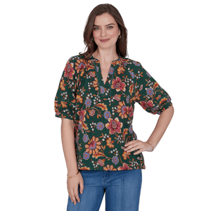 Womens Ruby Rd. Game of Luxe Elbow Sleeve Floral Vines Blouse