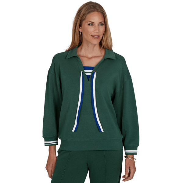 Petite Ruby Rd. Game of Luxe Stripe Trim Sweatshirt