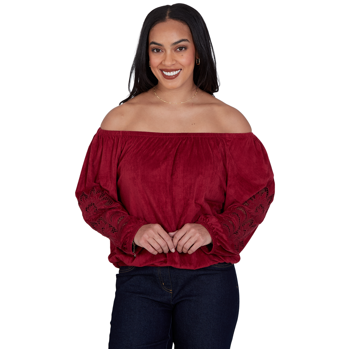 Ruby Rd. Petite Embroidered Scoop-Neck 3/4-Sleeve Blouse - Scarlet