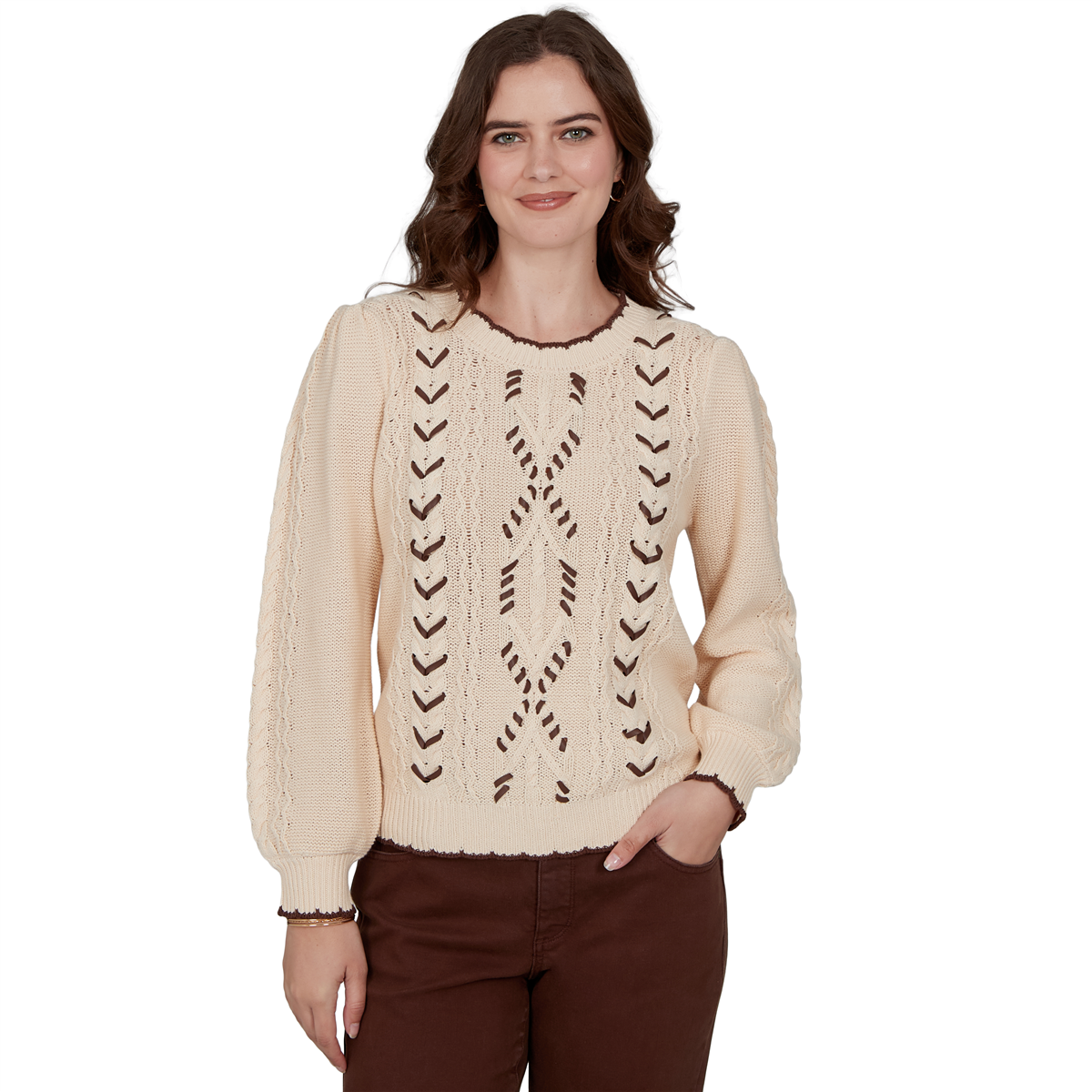Ruby Rd. Petite Cable-Knit Scalloped-Trim Pullover - Parchment