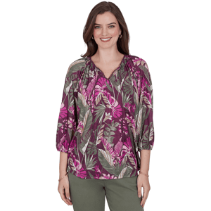 Womens Ruby Rd. Sedona Escape Tropical Tassel Neck Blouse